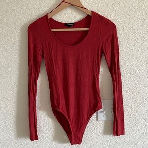 Red Ribbed Long Sleeve Bodysuit - Size S